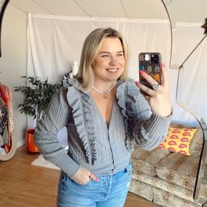 HM grey button up ruffle cardigan sweater